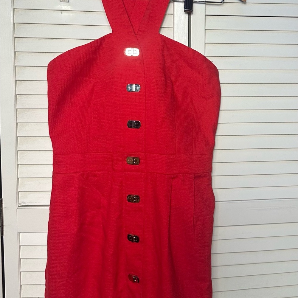 Aryn K Size Small Elegant Red Halter Dress with Button Details